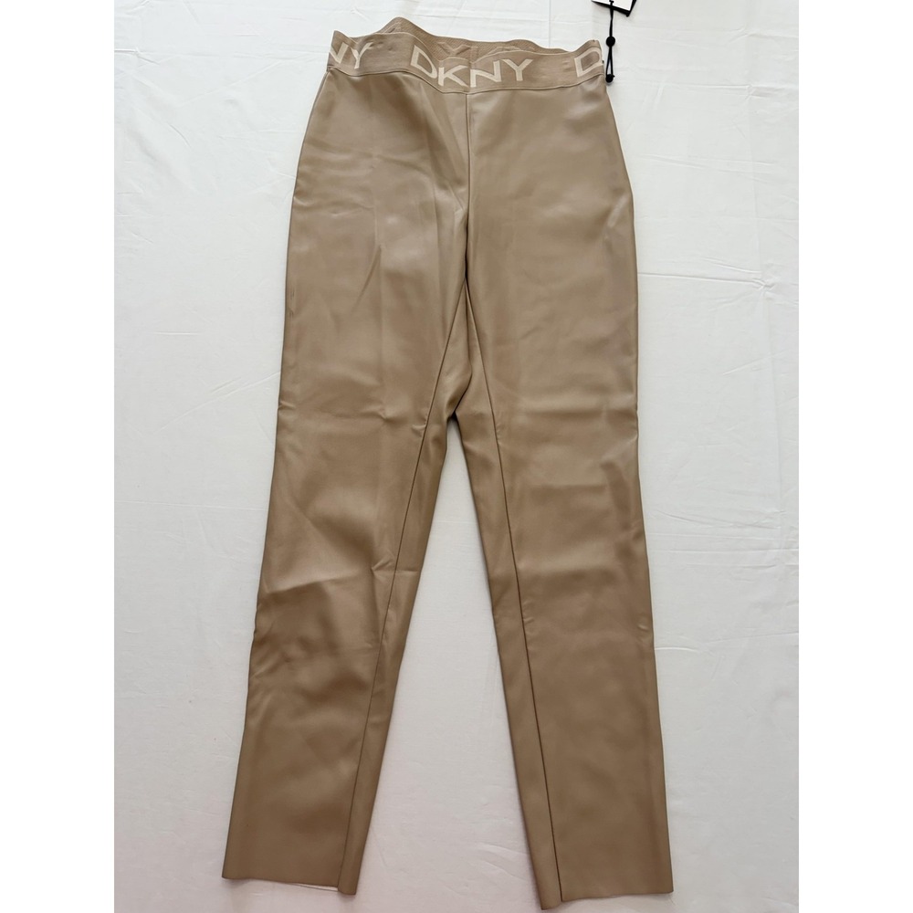 DKNY Dress Pants Womens Small Beige Faux Leather Pull On Elastic Waist‎